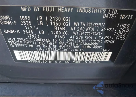 2016 Subaru Outback 2.5I Premium из США, поврежденный, VIN 4S4BSACC0G3240846